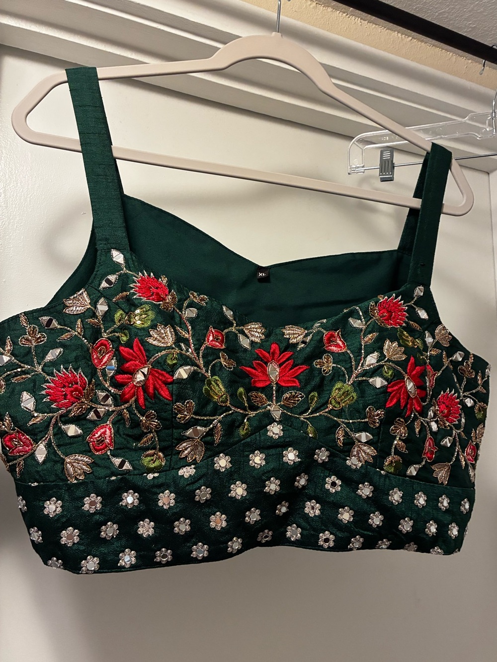 Dark Green Embroidered Floral Crop Top